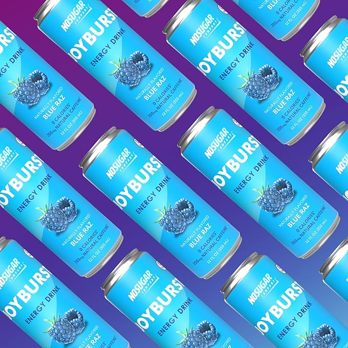 No Sugar Joyburst Energy Drink 0 Calorie 0 Sugar Sugar Free Energy Drink with Natural Caffeine Hint of Sweetness and Refreshing Sparkling Water - 12 Packs (Blue Raz)