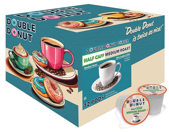 Double Donut Coffee Half Caff Coffee Pods Single Serve Half Caffeine Coffee Pods For Keurig K Cup Brewers Medium Roast 72 Count
