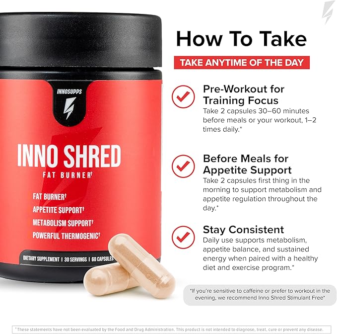 Inno Shred Fat Burner for Men and Women with 100mg Capsimax Grains of Paradise Organic Caffeine Green Tea Extract Appetite Suppressant Weight Loss (60 Veggie Capsules) | (with Stimulant)