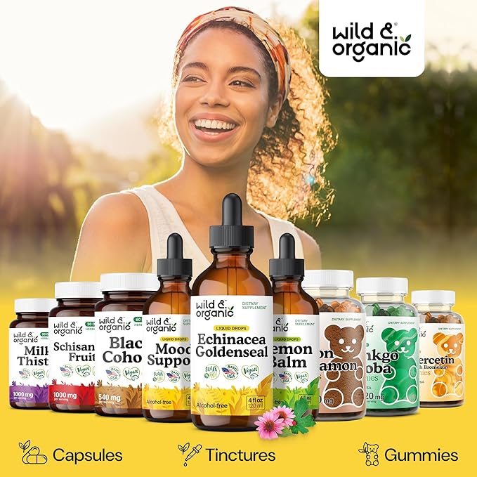 Wild &amp Organic Echinacea Goldenseal Tincture - Immune Support Drops with Echinacea and Goldenseal Root Extract - Vegan Sugar &amp Alcohol-Free Liquid Supplement - 4 fl oz