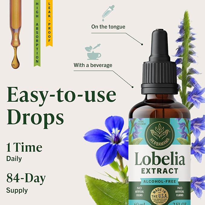 HERBAMAMA Lobelia Tincture - Vegan Lobelia Leaf Extract for Lung Detox &amp Cleanse - Respiratory Lung Support Drops - Non-GMO Alcohol &amp Sugar-Free Respiratory Support Supplement