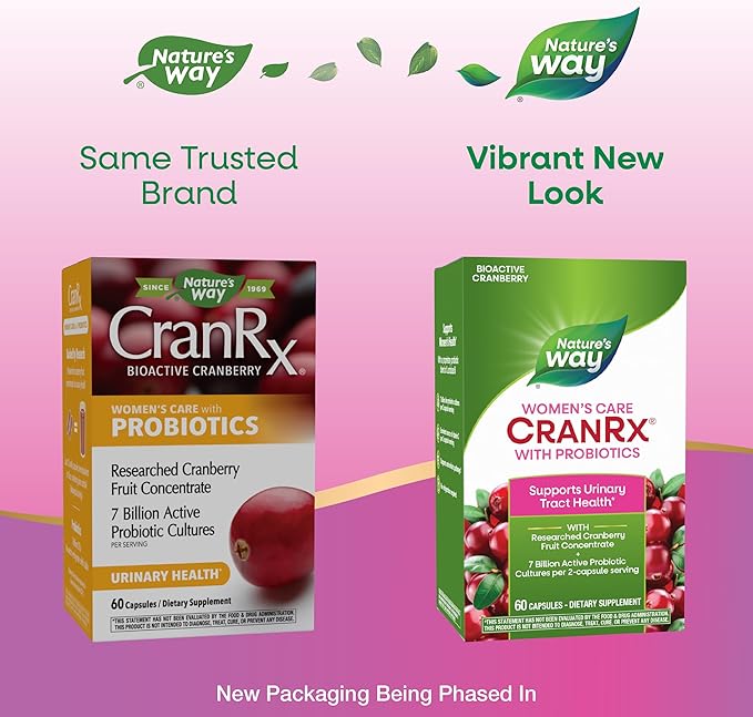 Nature's Way Women's Care CranRx with Probiotics Supports Urinary Health* Vitamin C Cranberry 7 Billion Live Cultures per 2-Capsule Serving 60 Capsules (Packaging May Vary)