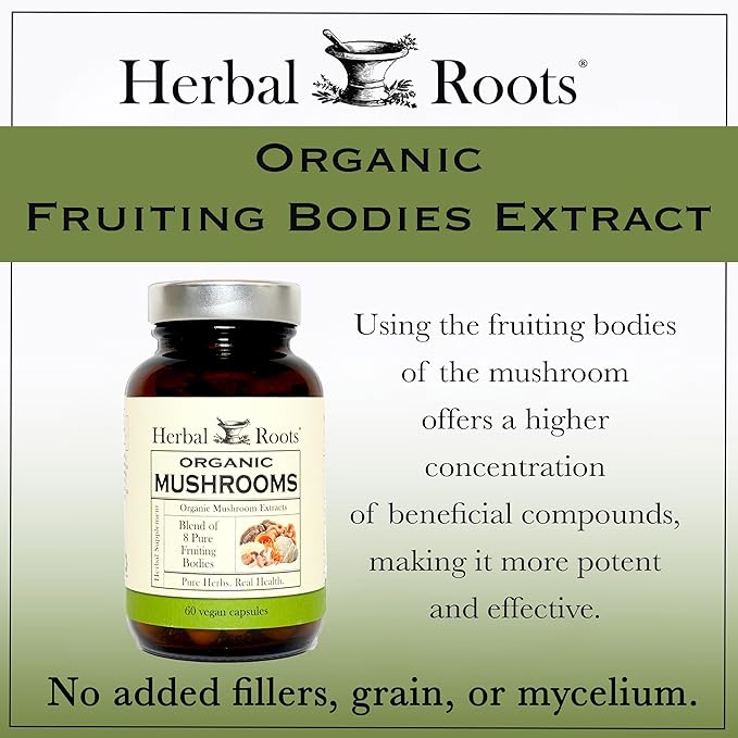 Herbal Roots Organic 8 Mushroom Blend Supplement Capsules - 100% Fruiting Body Extracts - Wellness and Immunity - 60 Vegan Capsules