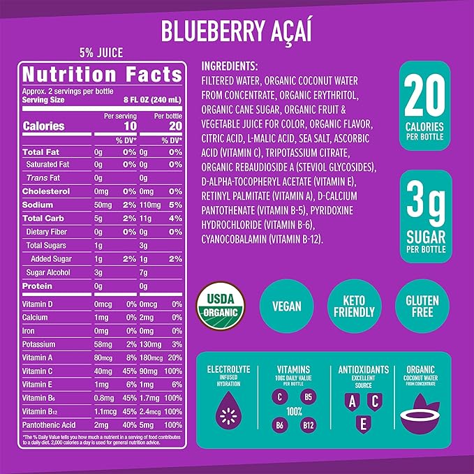 Roar Organic Electrolyte Infusions - USDA Organic - Blueberry Acai - with Antioxidants B Vitamins Low-Calorie Low-Sugar Low-Carb Coconut Water Infused Beverage 18 Fl Oz (Pack of 12)