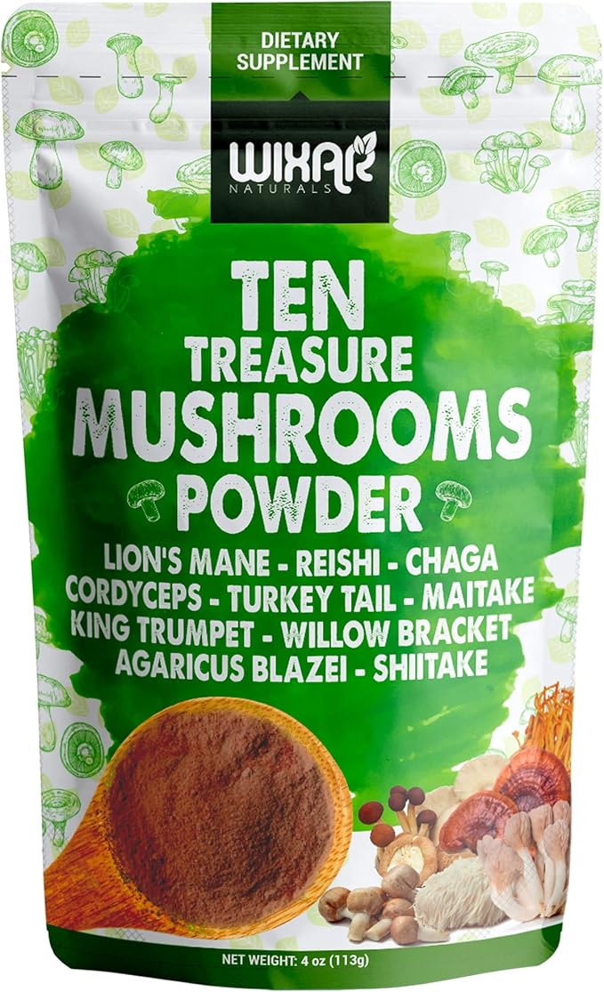 Wixar Mushroom Powder - Ten Treasure Mushrooms Extract Supplement Blend for Coffee &amp Smoothies - Lions Mane Turkey Tail Reishi Chaga Shiitake Cordyceps Complex - 4oz Mushroom Supplement
