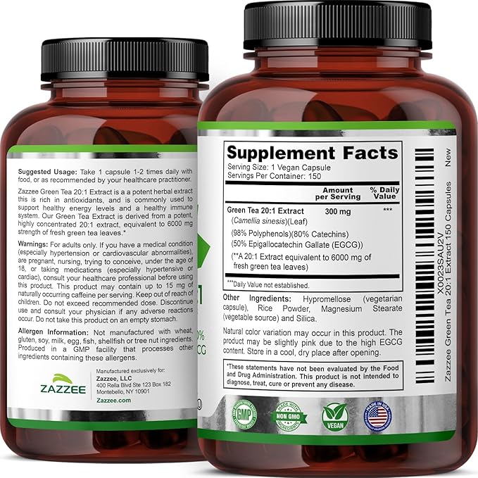 Zazzee Extra Strength Green Tea 20:1 Extract 50% EGCG 98% Polyphenols 80% Catechins 150 Vegan Capsules 5 Month Supply Certified Kosher Antioxidant &amp Metabolism Support Non-GMO Made in the