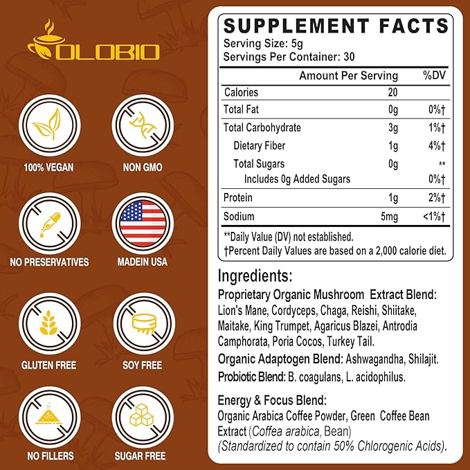 Mushroom Coffee 11 Organic Mushrooms Plus Adaptogens &amp Probiotics with Lion's Mane Chaga Reishi Cordyceps Complex Instant Coffee for Focus Energy Gut Digestion Immunity - 5.3oz
