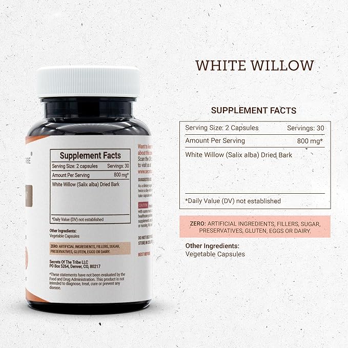 Secrets of the Tribe White Willow Capsules 800 mg White Willow (Salix Alba) Dried Bark (60 Capsules)