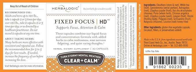 Herbalogic - Fixed Focus HD Herb Capsules - Supports Calm Attention &amp Sustained Mental Focus - Contains White Tea a Naturally Balanced Source of L-Theanine &amp Caffeine - 30 Cap Count