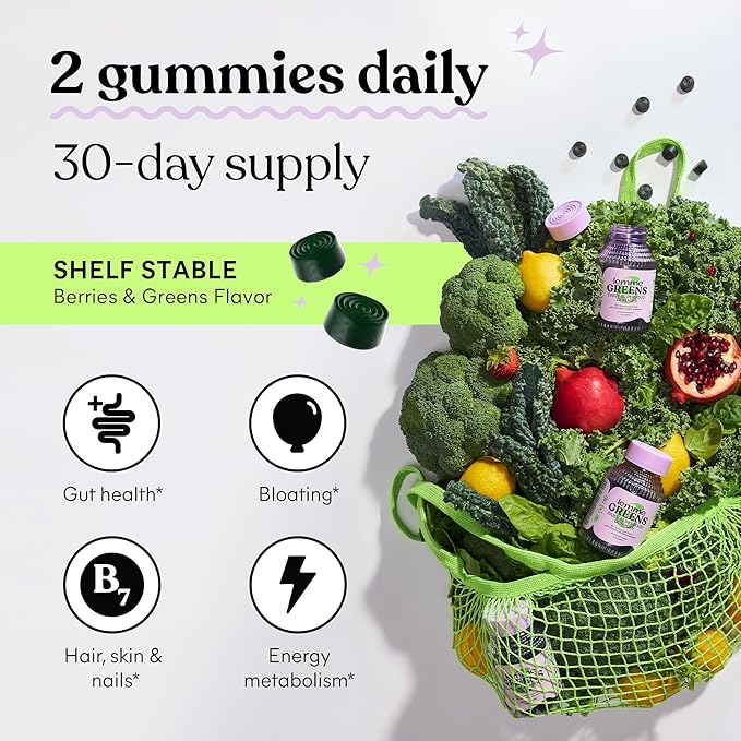 Lemme Greens Superfood Gummies w/Multi - Support Gut Health &amp Reduce Bloating 20+ Organic Greens and Superfruits Clinically Studied Probiotics D3 B12 - Berries &amp Greens Flavored (60 Count)