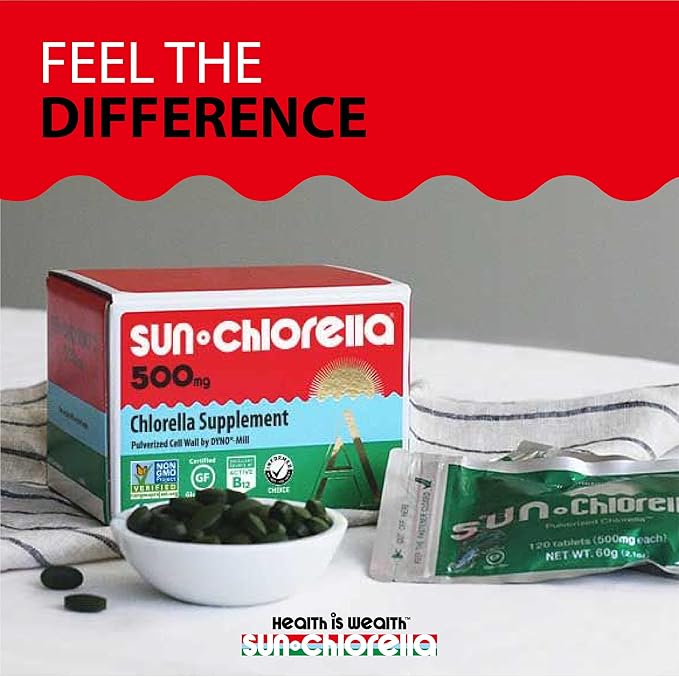 Sun Chlorella 500mg Whole Body Wellness Green Algae Superfood Supplement - Immune Defense Gut Health Natural Purification Energy Boost - Chlorophyll B12 Iron Protein - Non-GMO - 600 Tablets
