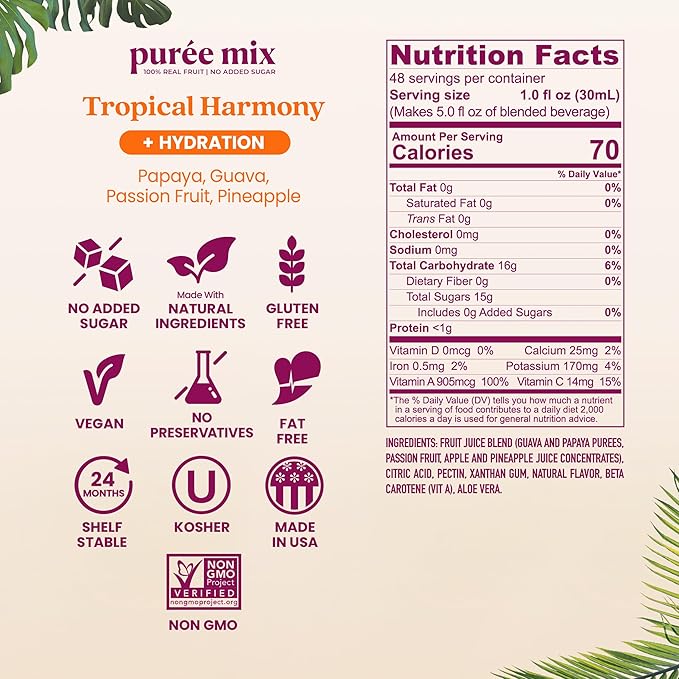 Smartfruit Tropical Harmony + Aloe – 100% Real Fruit Purée with Pineapple Passion Fruit Papaya &amp Guava – Great for Smoothies Juice Yogurt Cocktails Teas &amp More – High in Vitamin A &amp