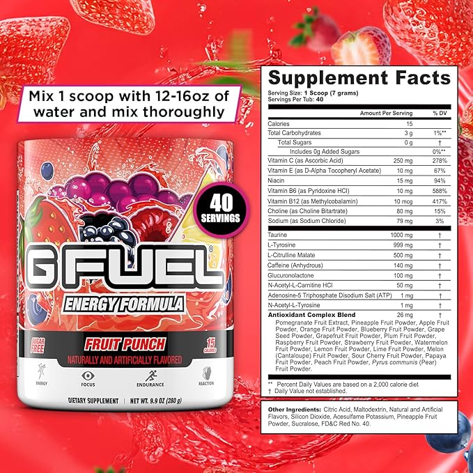 G Fuel Fruit Punch Energy Drink Powder Pre Workout Caffeine Mix for Gaming Sugar Free Focus Amino Vitamin + Antioxidants 9.9oz (Fruit Punch 40 Servings)