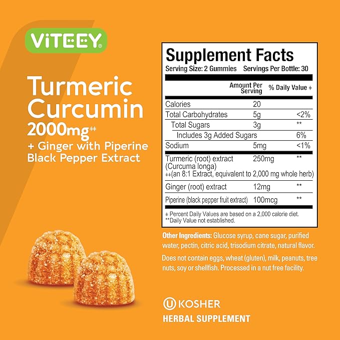 Turmeric Curcumin Gummies with Ginger &amp Black Pepper Herbal Supplement 2000mg Immune Support Healthy Skin and Joint Health Vegan Pectin Based for Adults and Teens - Chewable Peach Flavor(2P