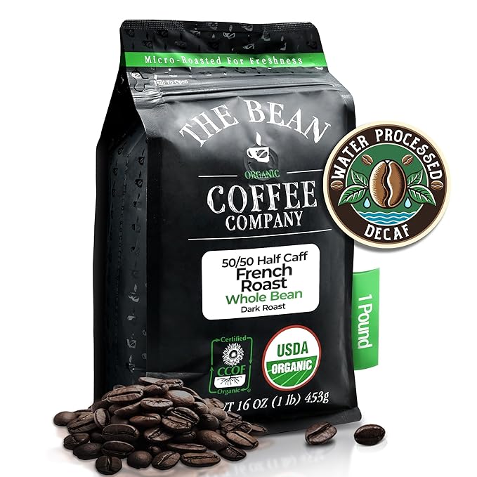 The Bean Organic Coffee Company 50/50 French Roast 50% Decaf Dark Roast Whole Bean Coffee 16-Ounce Bag USDA Organic Certified