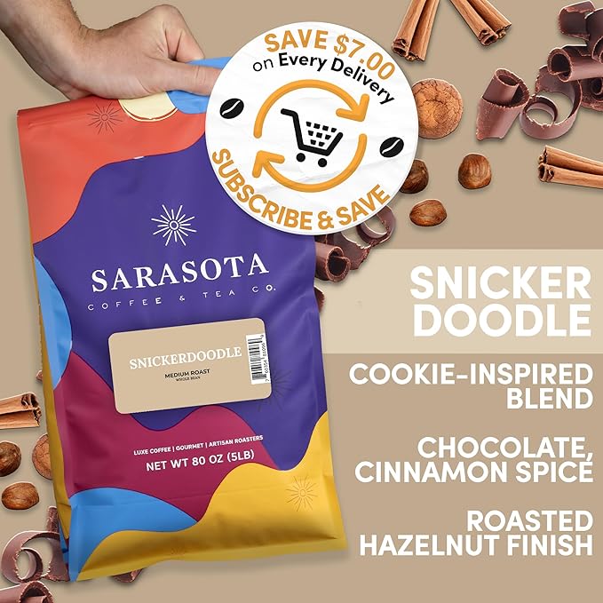 Sarasota Coffee Whole Bean Snickerdoodle Sugar Cookie | Medium Roast Gourmet Flavored Coffee Beans | Low Acid Mold Free Specialty Grade Bulk Coffee Beans | 5lb (80 oz)