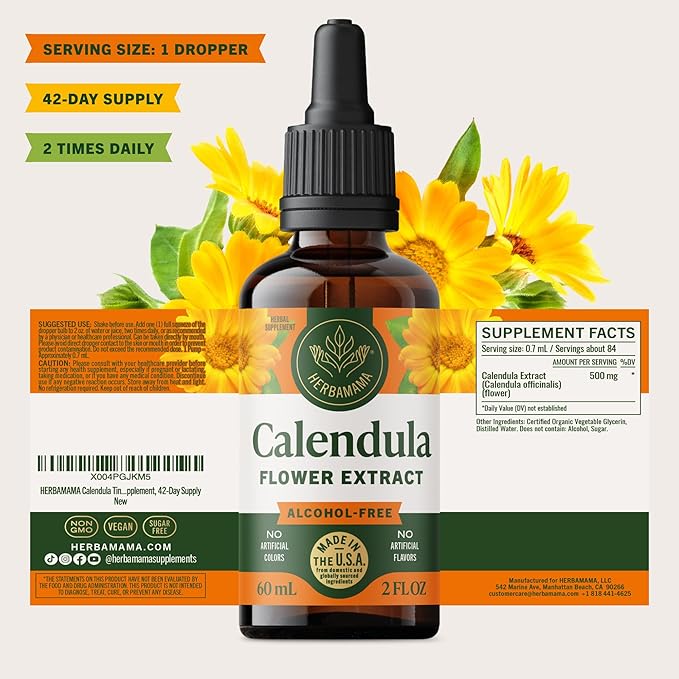 HERBAMAMA Calendula Tincture - Vegan Antioxidant &amp Detox Support with Calendula Extract Drops - Non-GMO Alcohol &amp Sugar-Free Liquid Supplement 42-Day Supply