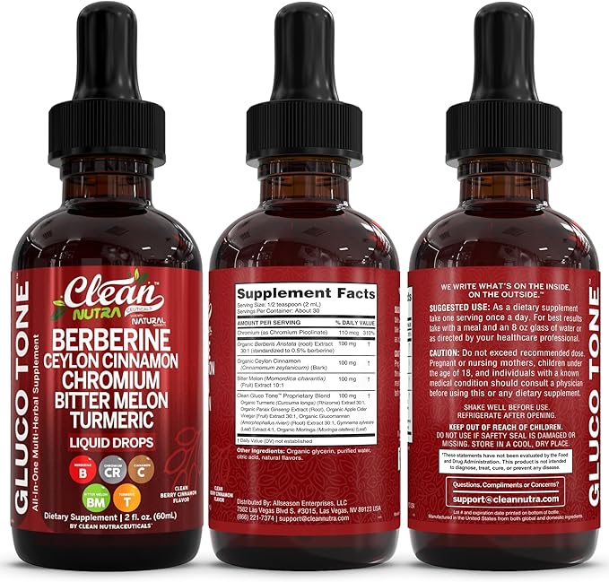 Clean Nutra Berberine with Ceylon Cinnamon Supplement Liquid Drops + Bitter Melon Extract Glucomannan Gymnema Chromium Turmeric Organic Panax Ginseng Moringa GLP-1 Support
