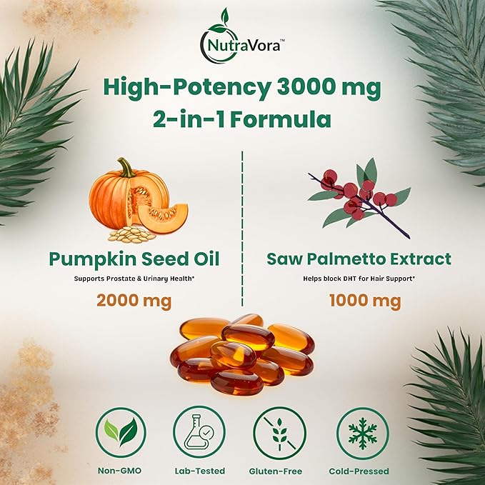 Pumpkin Seed Oil with Saw Palmetto Capsules – Men’s Prostate Hair &amp Hormone Support Supplement – 3000 mg High Potency Cold-Pressed Formula – Non-GMO Gluten-Free Lab Tested – 300 Softgels