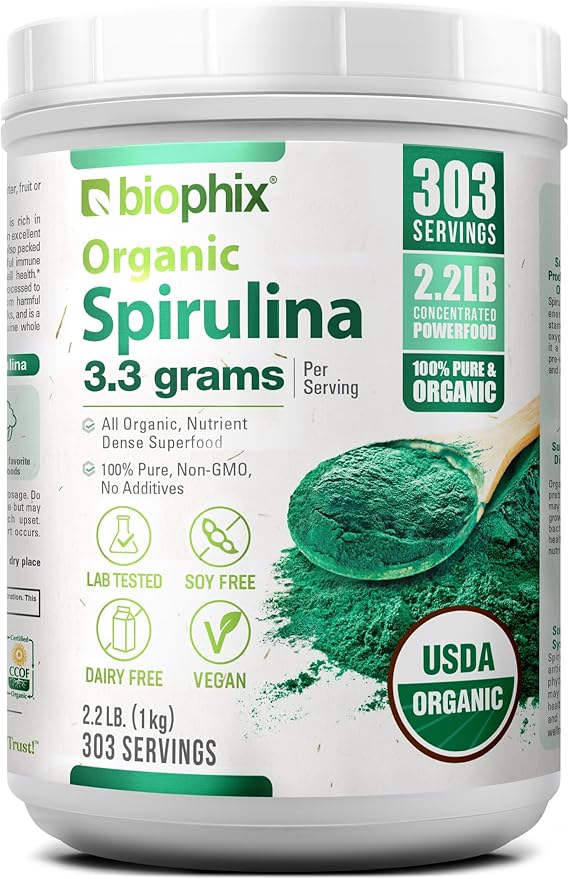 biophix Organic Spirulina Powder 2.2 Lbs 100% Pure Spirulina Blue Green Algae Powder Vegan Non GMO Non-Irradiated USDA Certified Best Protein Superfood