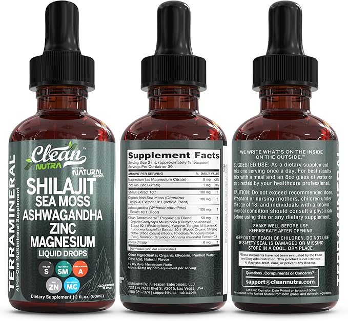 Shilajit Liquid Drops with Sea Moss Ashwagandha Zinc Magnesium Liquid Vitamins for Women and Men - Terra Mineral by Clean Nutra - 2Pack
