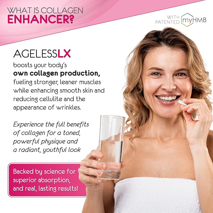 AgelessLX HMB Supplements for Women - Collagen Enhancer Capsules - Anti-Aging for 40 + Lean Muscle Builder - Biotin Vitamin D3 K2 Supplement for Youthful Skin - 60 Servings