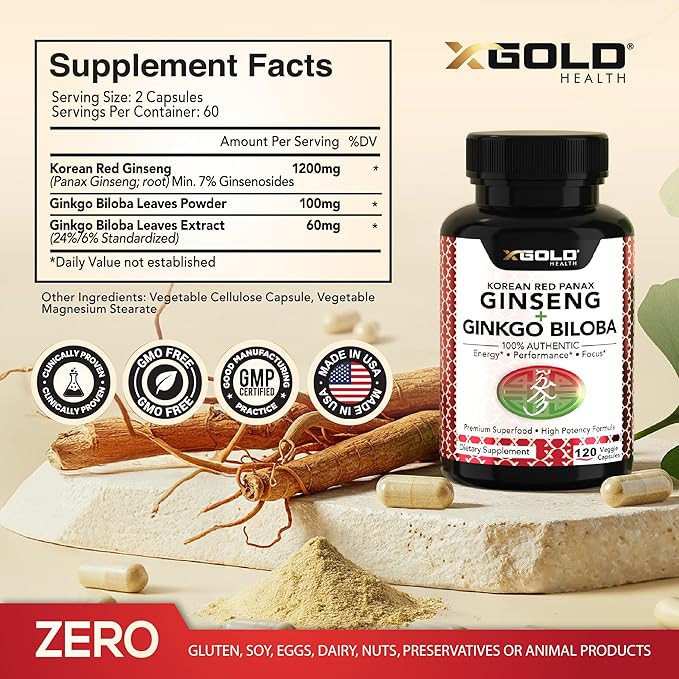 X Gold Health Korean Red Panax Ginseng + Ginkgo Biloba – 7% Ginsenosides Extra Strength – Energy Memory Focus &amp Brain Support – Premium Supplement for Men &amp Women – Non-GMO 120 Vegan Capsul