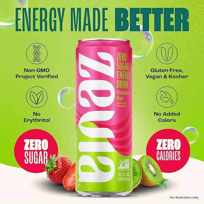Zevia Zero Sugar Energy Drink Strawberry Kiwi 12 oz Cans (12-Pack) – Naturally Sweetened Zero Calorie Sugar Free Energy - Non-GMO Project Verified Gluten-Free Vegan