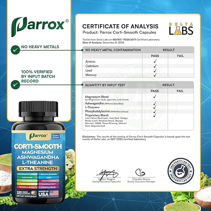 Corti-Smooth Cortisol Supplement Magnesium L-Theanine Ashwagandha Magnolia Bark Panax Ginseng Bacopa Monnieri GABA Lions Mane Ginkgo Biloba Phosphatidylserine Valerian Root (120 Caps)