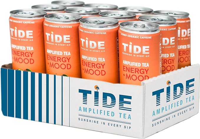 TIDE Yaupon Tea Premium Brewed Clean Energy with 125mg Caffeine - Ginseng Health Drink - Organic Fruit Juice &amp Green Tea - Healthy Morning Boost Beverage Low Calorie Tropical 12 Pack