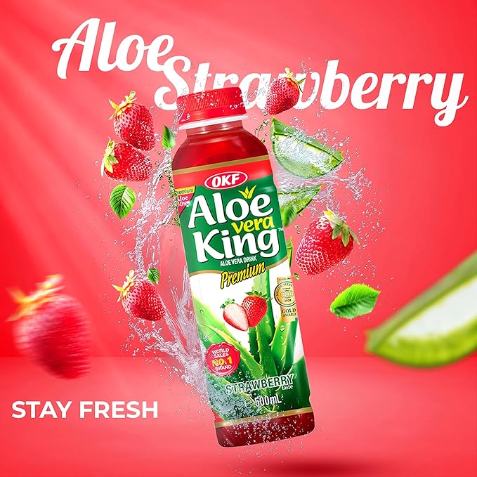 OKF Aloe Vera King Drink with Pure Aloe Pulp Variety Flavors 16.9 oz. (Strawberry Pack of 20) Korean Premium Health Beverage