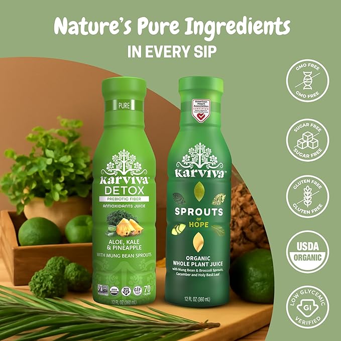 Karviva Organic Juice Cleanse for Sugar Detox &amp Weight Control - Ancient Eastern Remedies for Healthy Digestion &amp Gentle Detox with Sprouts Aloe Vera - Prebiotic Fiber Electrolytes &amp Ant