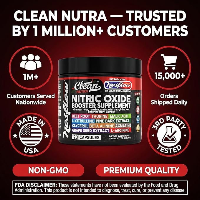 NosFlow Nitric Oxide Supplements for Men | Beet Root Taurine L-Arginine Malic Acid L-Arginine L-Citrulline Pine Bark Glycerol Agmatine Grape Seed Vitamin C B12 B3 By Clean Nutra