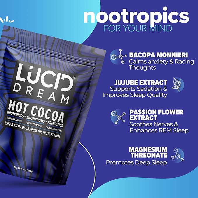 Lucid Dream Mushroom Hot Cocoa for Sleep -Dreamy Nighttime Blend with Adaptogens for Relaxation-Boosts Melatonin for Better Rest (7.94 Ounces Chocolate)