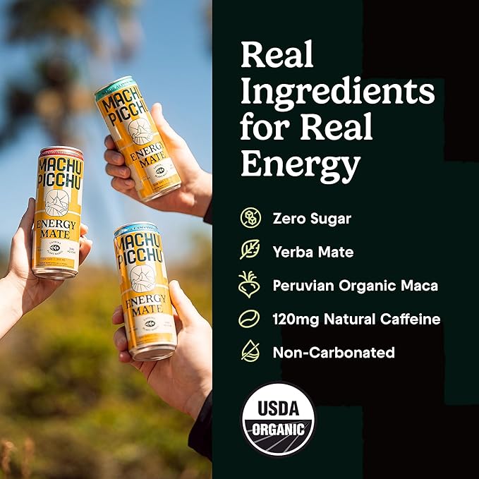 MACHU PICCHU Zero Sugar Energy Mate Drink – Non-Carbonated Yerba Mate 120mg Organic Caffeine Smooth Focus Without Jitters or Crash Low Calorie USDA Organic 12oz Cans (12-Pack-“Variety”)