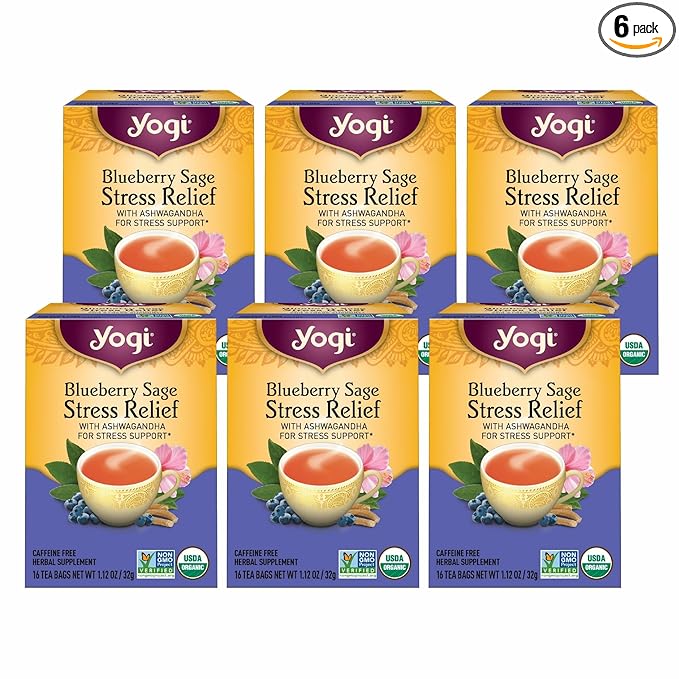 Yogi Tea Blueberry Sage Stress Relief - 16 Tea Bags per Pack (6 Packs) - Relaxing Calming Tea to Support Stress Response - Includes Ashwagandha Blueberry Sage Hibiscus &amp More