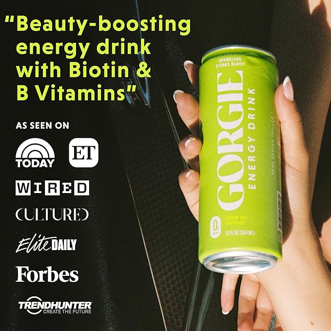 GORGIE Sugar Free Natural Energy Drinks Sparkling Citrus Burst (12 Pack) - Healthy Energy Drinks - Natural Coffee Replacement with Green Tea Caffeine and Biotin - 150mg Caffeine Vegan &amp Low Cal