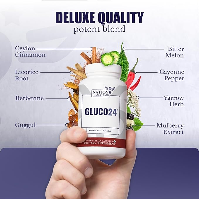 Gluco24 Advanced Formula - Dietary Supplement with Ceylon Cinnamon Bark Extract Berberine HCI Magnesium &amp Zinc - 60 Capsules
