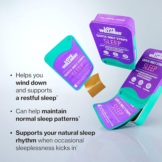 Love Wellness Sleep* Quick Melt Strips - Fast-Dissolving Sleep Support with Melatonin and Calming Botanicals - Promotes Restful Sleep* - No Water Needed - Vegan and Sugar-Free - 32 Strips