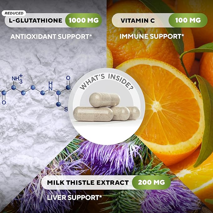 Reduced Glutathione Supplement 1000mg - USA Made Glutathione Capsules with Vitamin C &amp Milk Thistle for Liver Care Skin Support &amp Immune Well-Being - 60 Count