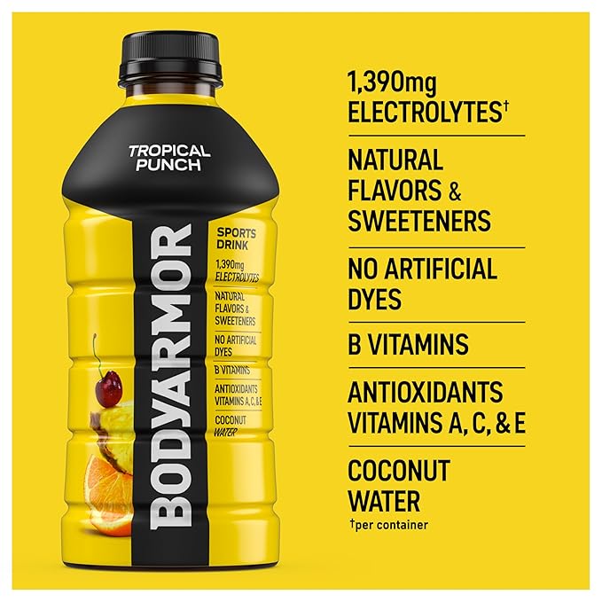 BODYARMOR Sports Drink Tropical Punch Electrolyte Drink Hydration 28 Fl Oz Bottles (15 Pack) Flavored Coconut Water with B Vitamins &amp Antioxidants