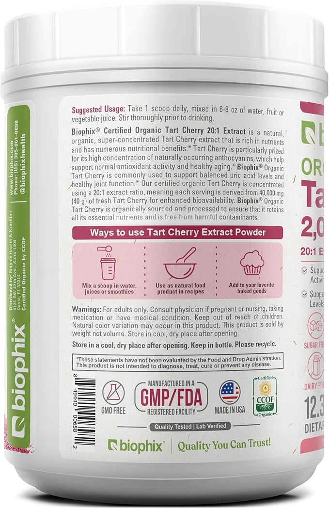 biophix Tart Cherry Powder Organic USDA 20:1 Extract 12.3 oz 350 g - Antioxidant-Rich Superfood - Supports Heart Health - Digestive Health - Natural Flavor - No Sugar Added