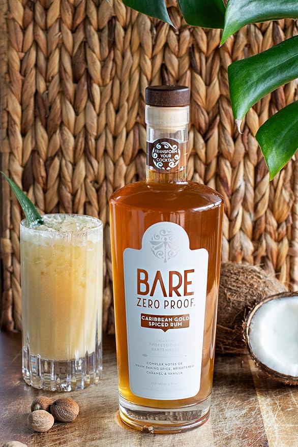 BARE Zero Proof® Caribbean Gold Spiced Rum Alternative – Non-Alcoholic Rum-Inspired Spirit for Craft Cocktails – Alcohol-Free Spiced Blend with Molasses Caramel &amp Vanilla – Low-Cal NA Beverage