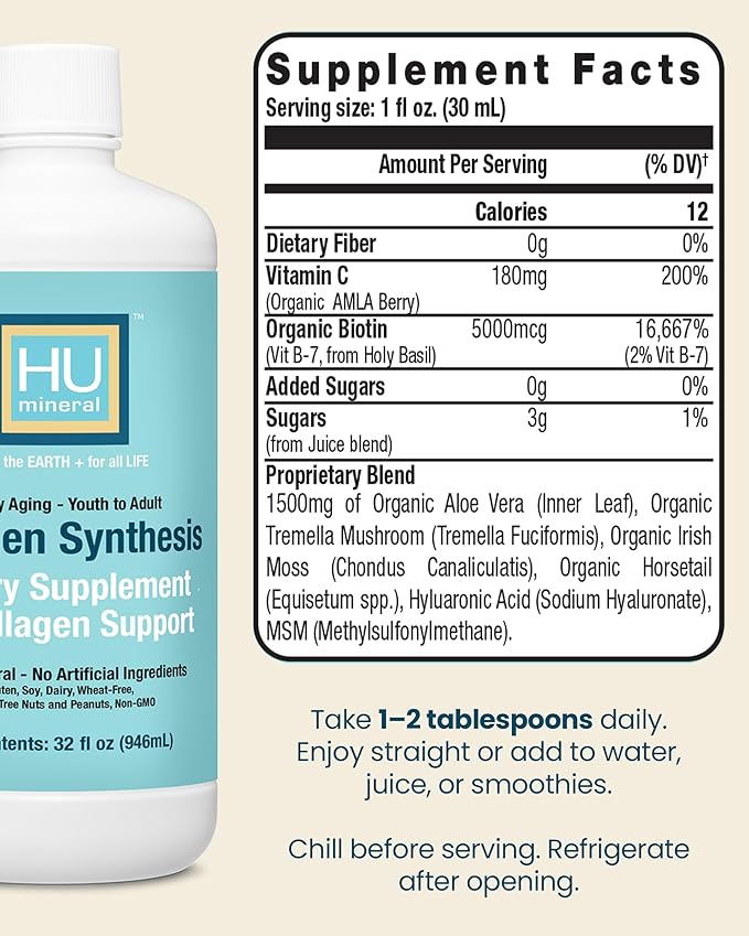 Collagen Synthesis – Plant-Based Liquid Collagen for Women &amp Men of All Ages Youth to Adult - with Hyaluronic Acid Biotin &amp Vitamin C – Supports Joint Skin Hair &amp Nail Strength – 32 oz