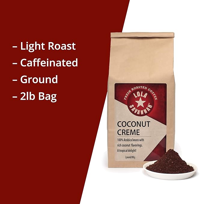 Lola Savannah Coconut Crème Ground Coffee - Smooth Gourmet Arabica Coffee Flavored with Sweet Creamy Coconut Caffeinated 2lb Bag