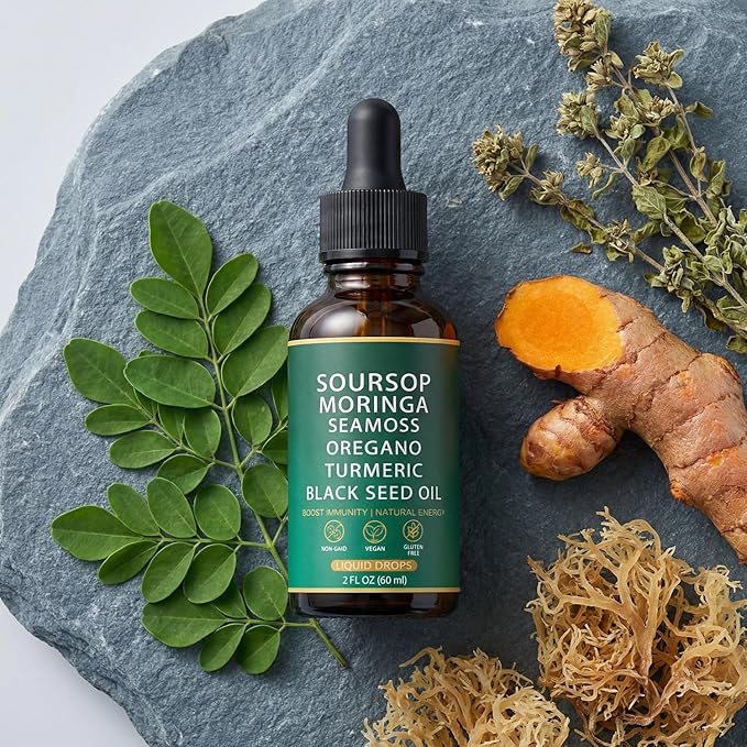 QIZFYZZ Liquid Drops - Soursop Bitters Liquid with Sea Moss Moringa &amp Turmeric Extract Immune Support and Overall Health Vegan Non-GMO | 2 Fl Oz
