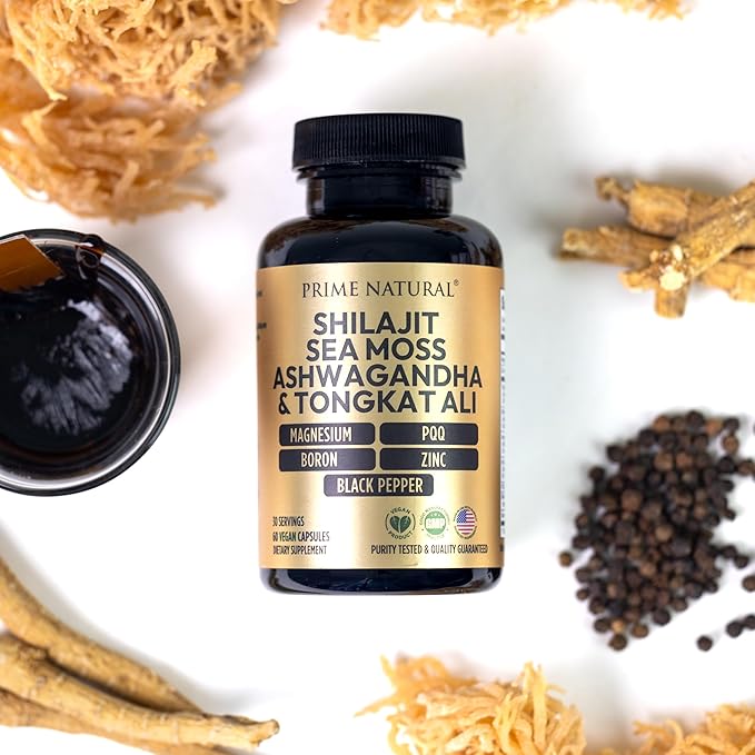 Shilajit 1000mg Irish Sea Moss 100mg Ashwagandha 100mg Tongkat Ali Boron Magnesium PQQ &amp More | 60 Capsules - 30 Days Supply| Fulvic Acid Veg Capsules| Vegan| Gluten Free | Non-GMO
