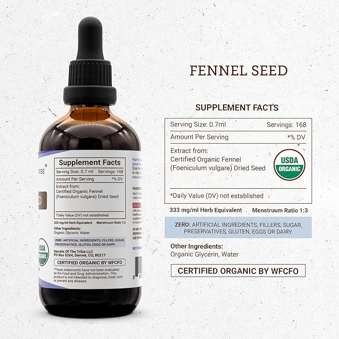 Secrets of the Tribe Fennel Seed Tincture Alcohol-Free Extract USDA Organic Fennel (Foeniculum vulgare) Dried Seed (4 FL OZ)