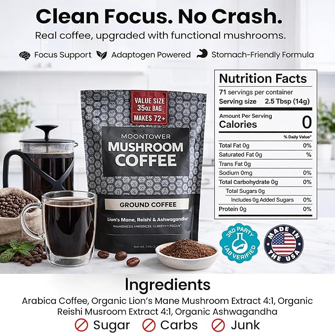 Moontower Adaptogen Mushroom Coffee Ground - Organic Mushroom Coffee with Lion's Mane Reishi &amp Ashwagandha Medium Roast Nicaraguan Beans for Focus &amp Clarity Energizing Balanced Brew - 35 oz