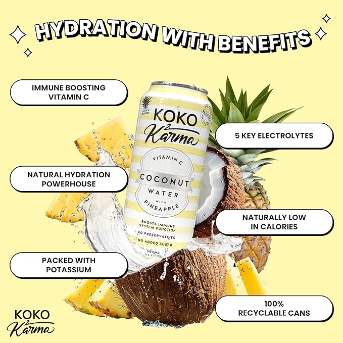 Koko &amp Karma – Premium Coconut Water with Pineapple &amp Vitamin C Refreshing Taste with Natural Sweetness – 12 Pack 16.9 Ounce Cans